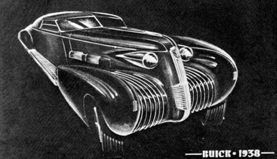 Svulstig impression av Buick för 1938, troligen av George Lawson som senare kom att basa för just Buicks design, innan hans visioner ansågs för vilda och han fick sparken. Efter kriget kom George tillsammans med Alexander Tremulis att jobba med formgivning åt Tucker.